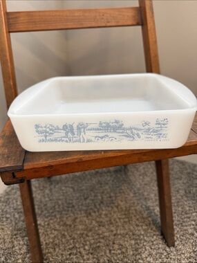 Vintage Glassbake Currier & Ives Blue Hunting Scene Milk Glass Square Bake Dish